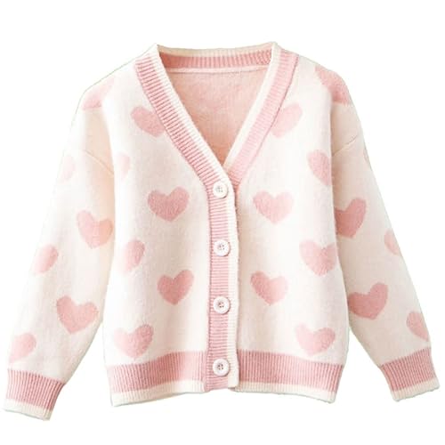 FindThy Girls Heart Print Cute Cardigan Long Sleeve V Neck Brushed Sweater Kawaii Cardigan Coat - Small - White