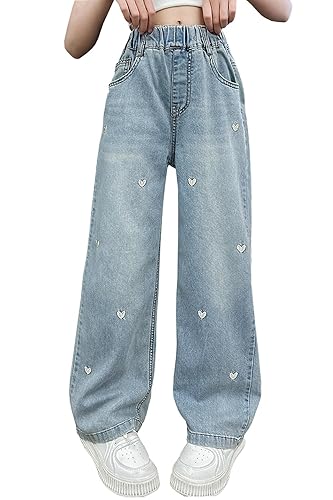 AOWKULAE Girls Jeans Elastic Waist Wide Leg Pants Kids Jeans 4-14 Years - 13-14 Years - C2-white Heart