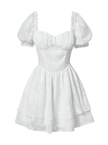 SHENHE Girl's Sweetheart Neckline Puff Sleeve Layered A Line Vintage Cute Flare Dress - 13 Years - White