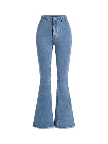 Milumia Girl's Raw Hem Flare Jeans Long Bell Bottom Wide Leg Denim Pants with Pockets - 13 Years - Blue