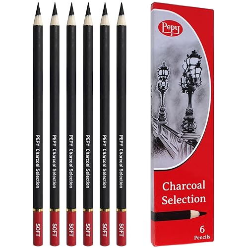 Pepy Professional Soft Charcoal Pencil Set – Set of 6 Pre-Sharpened Black Charcoal Pencils; Perfect for Drawing, Sketching, Blending and Shading