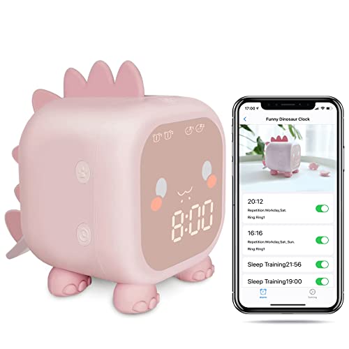 Kids Alarm Clock with Smartphone Control, Digital Alarm Clock for Kids Bedroom, Cute Dinosaur Alarm Clock Children's Sleep Trainer, Night Light Alarm Clock for Boys Girls Birthday Gifts (Pink)