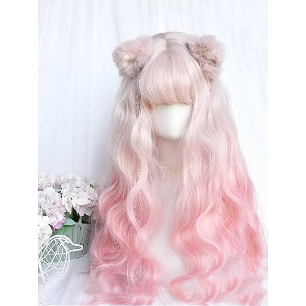 [$22.49]White Peach Beige to Pink Ombre Long Wavy Lolita Synthetic Wig