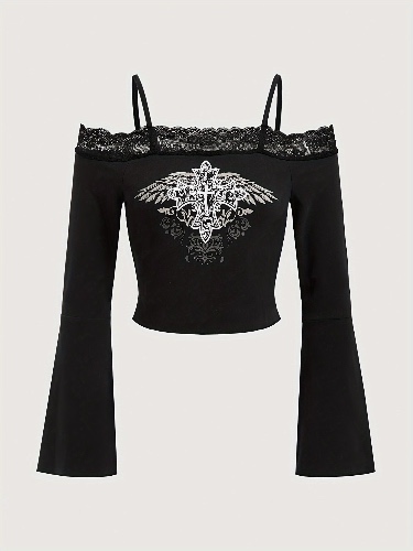 Koszulka z nadrukiem skrzyżowanych skrzydeł z odkrytymi - Temu Poland