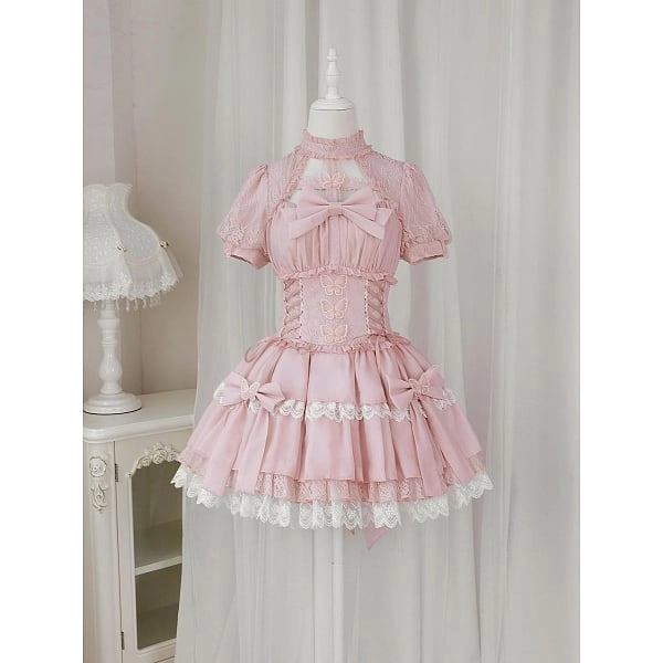 [$62.50]Butterflies Lace Up Waist Pink Natural Waist One Piece