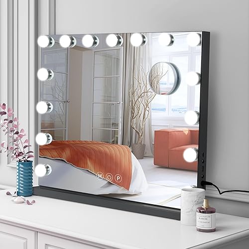 NAIMP Hollywood Lighted Makeup Cosmetic Vanity Mirror with 15 LED Lights, Touch Control Large Vanity Mirrors, Dimmer LED Bulbs, 3 Light Modes, Tabletop or Wall-Mounted Mirror for Dressing Table, Black