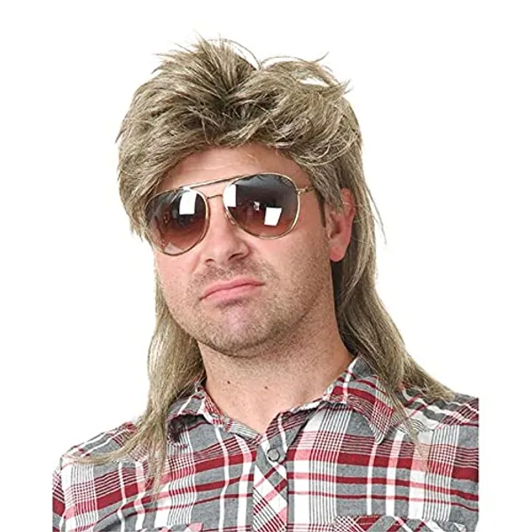 Beweig Mens Mullet Wigs Blonde Curly 70s 80s Cosplay Costume Wig Retro Punk Rocker Disco Synthetic Full Wigs, 22 inch - Blonde