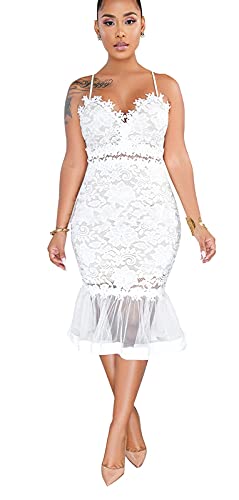 Salimdy Women Sexy Floral Lace Mesh Sheer Hollow Out Deep V Neck Spaghetti Strap Bodycon Pencil Mermaid Midi Dress - Medium - White