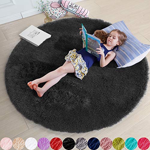 Black Round Rug for Bedroom,Fluffy Circle Rug 4'X4' for Kids Room,Furry Carpet for Teen's Room,Shaggy Circular Rug for Nursery Room,Fuzzy Plush Rug for Dorm,Black Carpet,Cute Room Decor for Baby - 4x4 Feet - Black