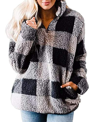 MEROKEETY Women's Plaid Sherpa Fleece Zip Sweatshirt Long Sleeve Pullover Jacket - Black Small