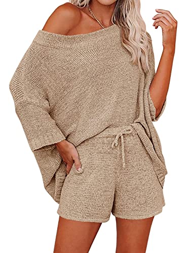Ermonn Womens 2 Piece Outfits Sweater Sets Off Shoulder Knit Tops Waist Short Suits Casual Pajama Set - Khaki - Medium