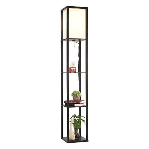 VONLUCE Floor Lamp with Shelves, Etagere Standing Lamp with 3 Storage Shelves and Fabric Shade for Living Room Bedroom Office Decor, 62" Tall Corner Shelf Lamp for Books Plants (Black) - Black