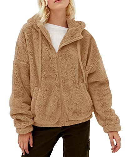 GAMISOTE Womens Fuzzy Fleece Jacket Zip Up Oversized Winter Warm Sweatshirt Hoodies - XX-Large - Khaki