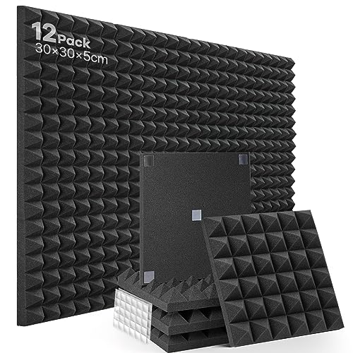 Mousse Acoustique Avec 60 autocollants, 12 Pack Panneau Acoustique Ignifuges Mousse Anti-bruit Haute Densité Isolant Phonique pour Studios D'enregistrement, Bureaux, salle de jeux, Podcasts 30×30×5cm - 12 Pièces(autocollant） - Noir
