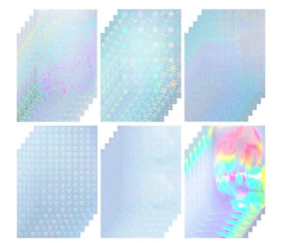 Lot de 30 Feuilles Vinyle Adhésif Holographique, 21 x 29,7 cm Papier Hologramme Autocollant Holographique Transparent pour Artisanat Décalcomanies Décorations (6 Motifs) - Transparent Holographique(6 Styles)