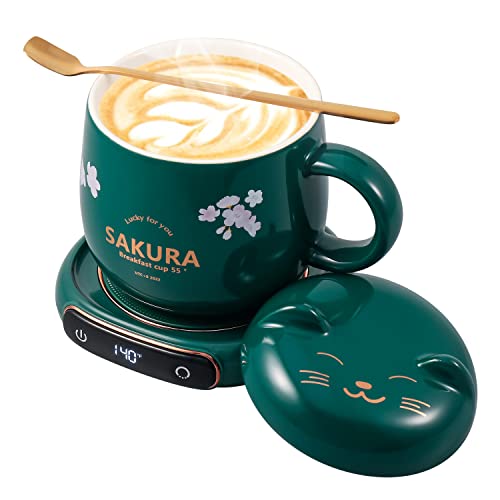 Bsigo Electric LED Display Smart Coffee Mug Warmer & Cute Cat Mug Set, Beverage Cup Warmer for Desk, Warmer Plate for Milk Tea with 3-Temperature Settings (Up To 140℉/60℃), 8 Hour Auto Shut Off, Green - 25W Green