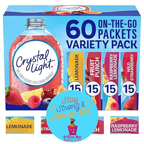 Crystal Light Sugar-Free, Lemonade, Fruit Punch, Raspberry Lemonade and Wild Strawberry On-The-Go Powdered Drink Singles Mix Variety Pack, 60 Count, Each Packet Dissolves into any 16.9 oz. container and comes with a Bonus Inspirational Magnet by D'Elite Box - Lemonade, Fruit Punch, Raspberry Lemon, Strawberry - 9.1 Ounce (Pack of 1)