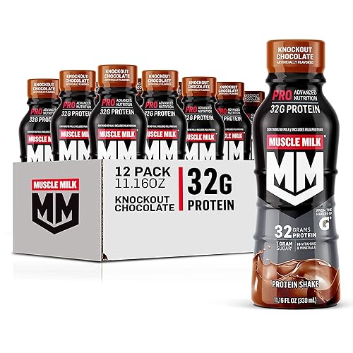 Muscle Milk Pro Advanced Nutrition Protein Shake, Knockout Chocolate, 11.16 Fl Oz (Pack of 12), 32g Protein, 1g Sugar, 16 Vitamins & Minerals, 5g Fiber, Workout Recovery, Energizing Snack, Packaging May Vary - Chocolate