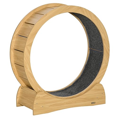 PawHut Cat Treadmill, Cat Exercise Wheel, 30 inch Cat Running Wheel with Brake, Carpeted Runway, for Exercise - Natural Wood Finish - 89cm x 35.5cm x 95 cm - Natural wood