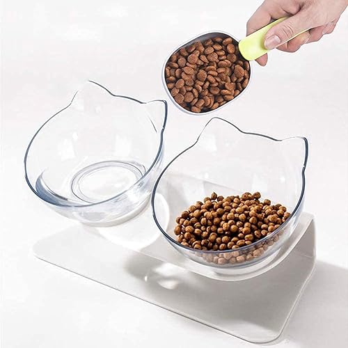 Raised Cat Bowl with Stand, 15° Tilted Cat Bowls for Kittens Elevated Cat Bowl Anti Vomiting Double Cat Bowls Plastic Transparent Cat Feeding Bowl - Double Bowls