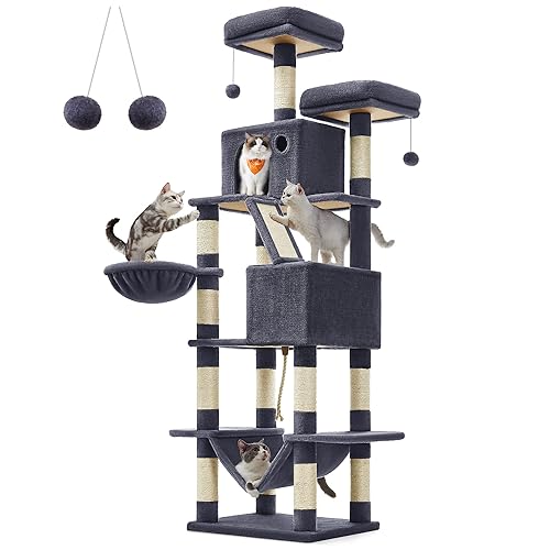 Feandrea Cat Tree, 206 cm Large Cat Tower with 13 Scratching Posts, 1 Scratching Ramp, 2 Perches, 2 Caves, Basket, Hammock, Pompoms, Multi-Level Plush Cat Condo for Indoor Cats, Smoky Grey PCT190G01 - XXL (60 x 50 x 206 cm) - Smoky Grey