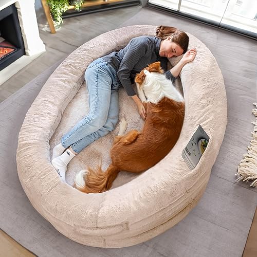 Human Dog Bed for Adults & Furry Friends | Warm & Comfortable Human Sized Dog Bed | Bean Bag Dog Bed | Giant Dog Bed for Humans & Pets | Human Size Dog Bed For Adults | Beige | Detachable Cover - Brown