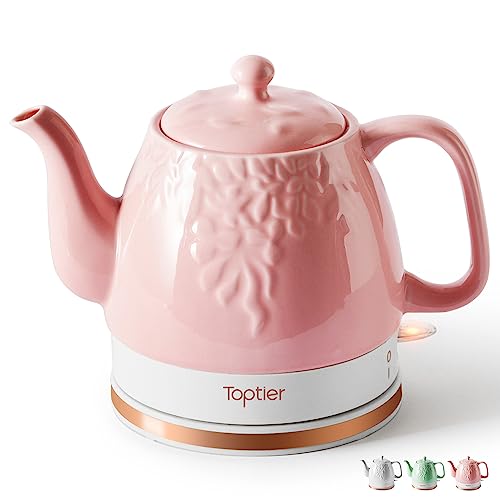 Toptier Electric Ceramic Tea Kettle, Boil Water Quickly and Easily, Detachable Swivel Base & Boil Dry Protection, Carefree Auto Shut Off, 1 L (1 LITER, Light Pink) - 1 LITER - Light Pink