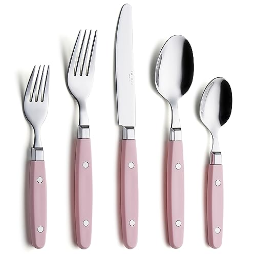 ANNOVA Silverware Set 20 Pieces Stainless Steel Color Handle With Rivet/Retro Flatware - 4 x Dinner Knife; 4 x Dinner Fork; 4 x Salad fork; 4 x Dinner Spoon; 4 x Dessert Spoon (Light Pink, 20 Pieces) - Light Pink - 20 Pieces