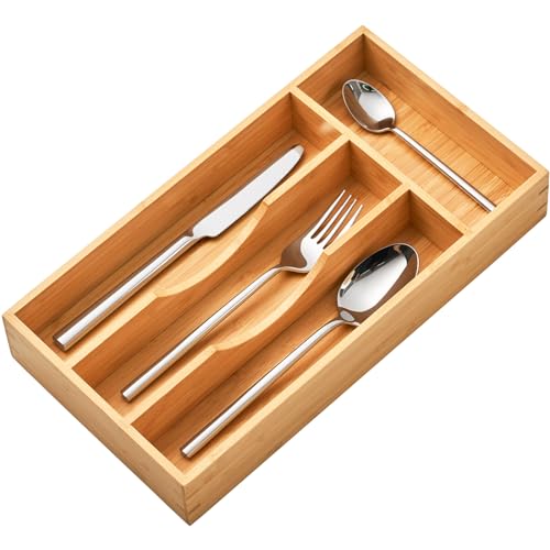 Umilife Bamboo Kitchen Drawer Organizer, 7 Inch Silverware Utensils Tray Holder for Small Drawer, Wood Caddy for Flatware Cutlery Knives - 7 x 13 inch (4 Slots)