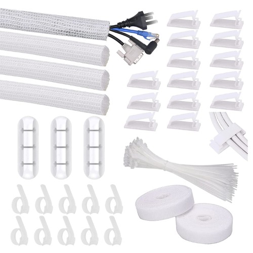 SOULWIT 134Pcs Cable Management Kit, 4 Cable Tubing Sleeve, 3 Silicone Cable Holder, 10+2 Roll Cable Organizer Straps, 15 Large Cord Clips and 100 Wire Fastening Ties for TV PC Under Desk Office