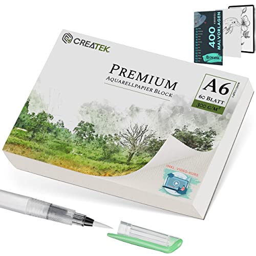 CreaTek Aquarellpapier A6 300g [ inkl 2 Std. Video Kurs ] 60 Blatt Aquarellblock A6 + Wassertankpinsel +400 Malvorlagen - praktische Aquarell Papier Postkarte zum selbstgestalten | Watercolor Paper - DIN A6 - 60 Blatt