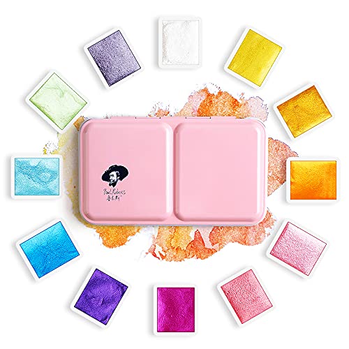 Paul Rubens Aquarellfarben Set, Metallic Glitter Aquarell Malkasten 12 Wasserfarben in 1/2 Näpfen, wasserlöslich und gut mischbar Aquarell Set, für Künstler, Meister, Anfänger - Glitter 12