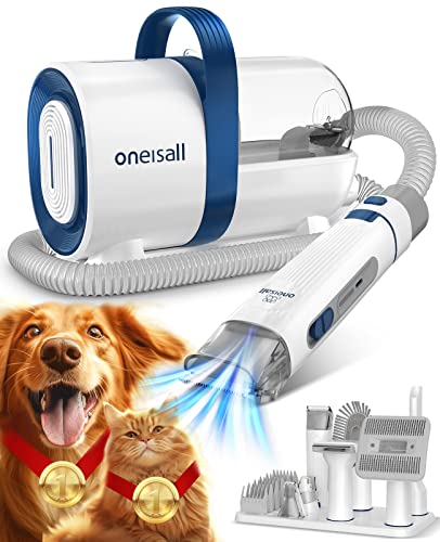 oneisall Hundeschermaschine mit Staubsauger, Super Saugkraft mit 12000 Pa Saugt 99.99% der Tierhaare, Leise Schermaschine Hund Katze Hundehaarschneidemaschine mit 7 Pflegewerkzeugen - Blau