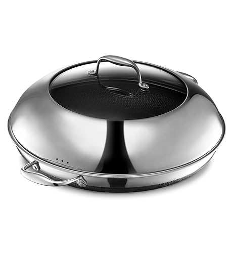 HexClad Hybrid Nonstick 14-Inch Frying Pan with Steel Lid, Great for Braising, Dishwasher and Oven Safe, Induction Ready, Compatible with All Cooktops - Pan + Lid - 14-inch