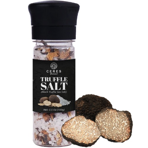 Black Truffle Salt Seasoning, Mediterrian Coarse Sea Salt and Real Black Truffle with Grinder Bottle 3.5 Oz