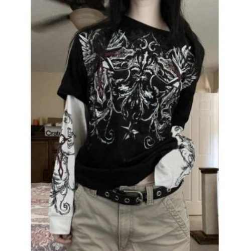 Punk Patchwork Long Sleeve Graphic Tee