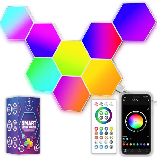 TOKTE 8-Pack Hexagon Led Lights - RGB Hexagon Wall Panels - Hexagon Lights with APP & Remote-Control Cool Music Sync - Led Panel Lights for Gaming Room Living Room & Bedroom (Multicolor 8PCS) - Multicolor 8PCS