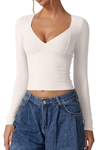 QINSEN Women's Long Sleeve V Neck T Shirts Double Lined Crop Top Seamed Cup Going Out Tops - X-Large - Splashed White