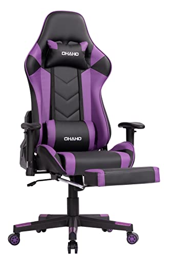 OHAHO Gaming Chair Racing Style Office Chair Adjustable Massage Lumbar Cushion Swivel Rocker Recliner Leather High Back Ergonomic Computer Desk Chair with Retractable Arms and Footrest (Black/Purple) - Black/Purple
