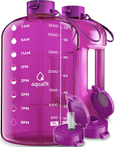 AQUAFIT 1 Gallon Water Bottle With Times To Drink - 128 oz Water Bottle With Straw - Motivational Water Bottle - Large Water Bottle - Sports Water Bottle With Time Marker - Gym Water Jug 1 Gallon - Time Markers - Pink