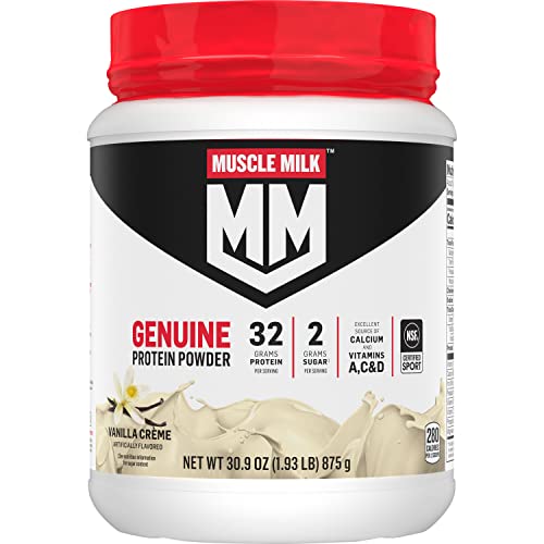 Muscle Milk Genuine Protein Powder, Vanilla Crème, 1.93 Pounds, 12 Servings, 32g Protein, 2g Sugar, Calcium, Vitamins A, C & D, NSF Certified for Sport, Energizing Snack, Packaging May Vary - Vanilla Crème - Vanilla Crème - 12 Servings (Pack of 1)