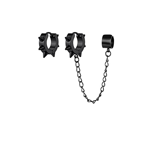 Unisex Punk Hip Hop Stainless Steel Silver Black Gold Tone Lock Thunder Lightning Bolt Dangle Huggie Hoop Earrings Gift for Women Men Boy Teens - Black-Asymmetric Rivet