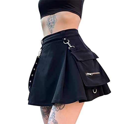 Ruolai Goth Black Pleated Mini Skirt with Chain High Waisted Tennis Skirt - Large - Black