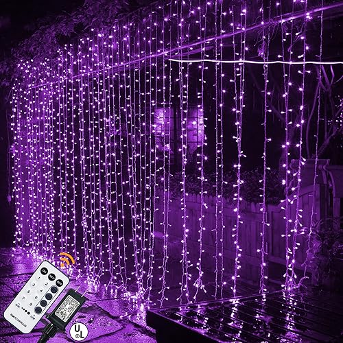 MAGGIFT 304 LED Curtain String Lights, 9.8 x 9.8 ft, 8 Modes Plug in Halloween Fairy Light with Remote Control, Christmas, Backdrop for Indoor Outdoor Bedroom Window Wedding Party Decoration, Purple - Purple - 304 LED