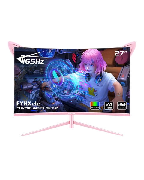 FYHXele FY27FHP Pink Monitor 27 Inch Curved Gaming 165Hz - Support 144Hz 1800R 1ms 1920x1080P VA Screen, Built-in Speakers, AMD Free-Sync, HDMI, DP, USB, AUX, Tilt Adjustable