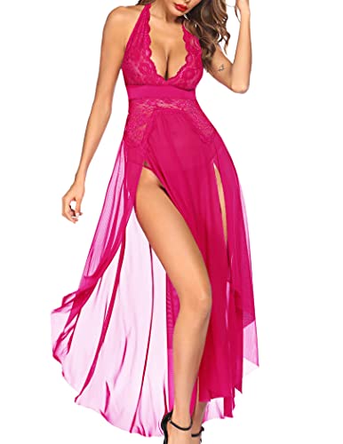 Avidlove Women Lingerie Deep V Neck Nightwear One Piece Sexy Nightgowns Mosaic Lace Mesh Dress - XX-Large - Pink