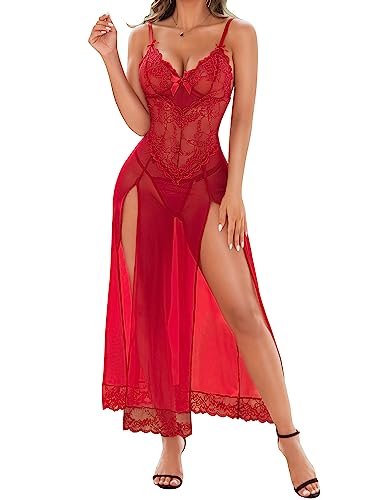 RSLOVE Women Lingerie Babydoll Sexy Nightgown Lace Chemise Exotic Sleepwear Nighty - Wine Red - XX-Large