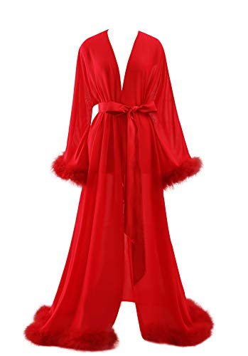 Molisa Sexy Feather Robe Chiffon Sheer Long Lingerie Wedding Scarf Illusion Nightgown Bathrobe Bridal Robe - XX-Large - Red