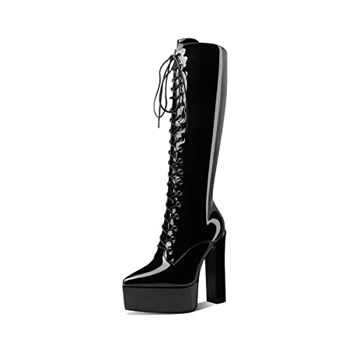 Mattiventon Chunky Black Platform Boots for Women Knee High Boots for Women Lace up Knee High Boots Black - 8 - Black Patent