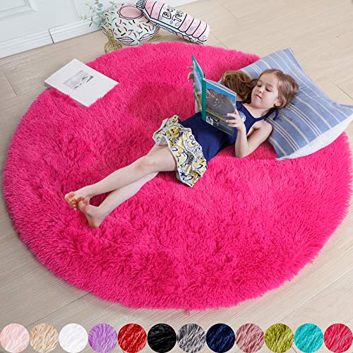 Hot Pink Round Rug for Girls Bedroom,Fluffy Circle Rug 5'X5' for Kids Room,Furry Carpet for Teen Girls Room,Shaggy Circular Rug for Nursery Room,Fuzzy Plush Rug for Dorm,Pink Carpet,Cute Room Decor - 5x5 Feet - Hot Pink